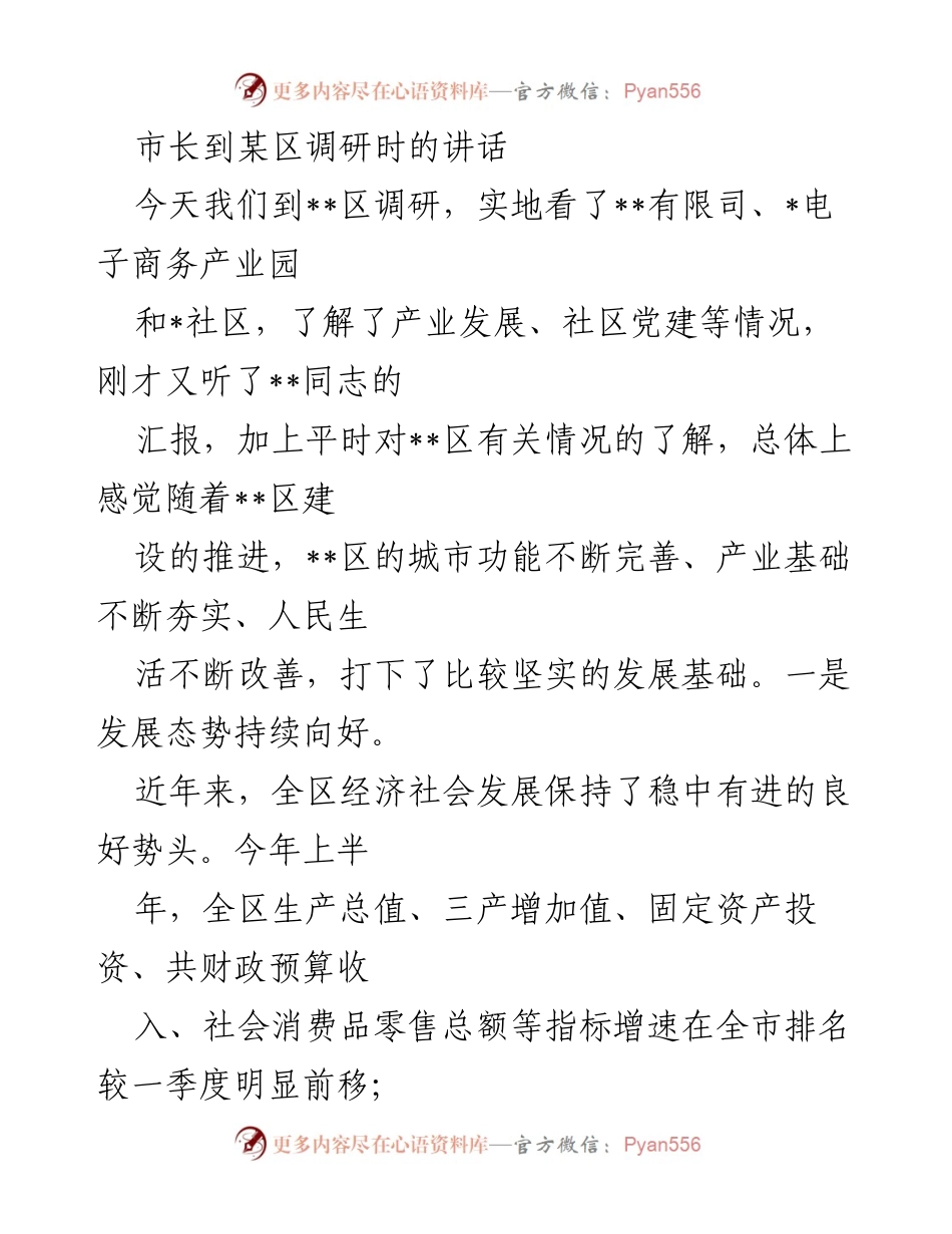 [发言] 调研活动 - 市长对__区发展现状与问题的讲话.docx_第1页