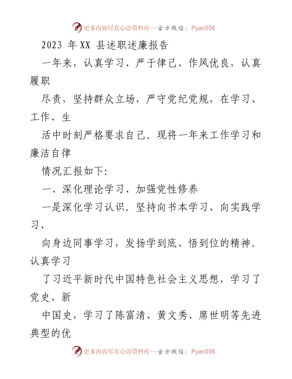 [发言] 述职述廉 - 2023年XX县述职述廉报告：深化理论学习与履职尽责的总结_1.docx_第1页