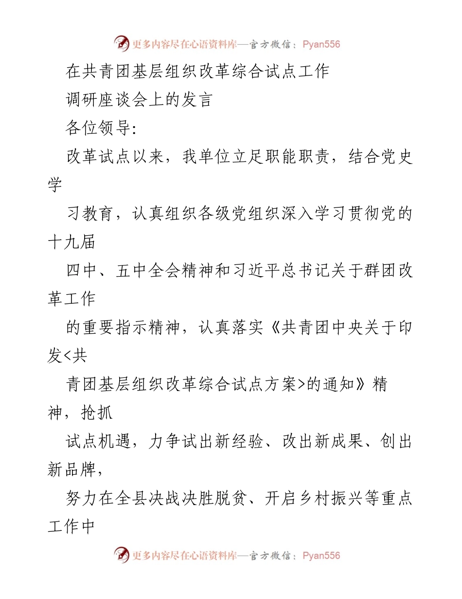 [发言] 调研座谈会 - 共青团基层组织改革试点工作经验分享与问题分析.docx_第1页