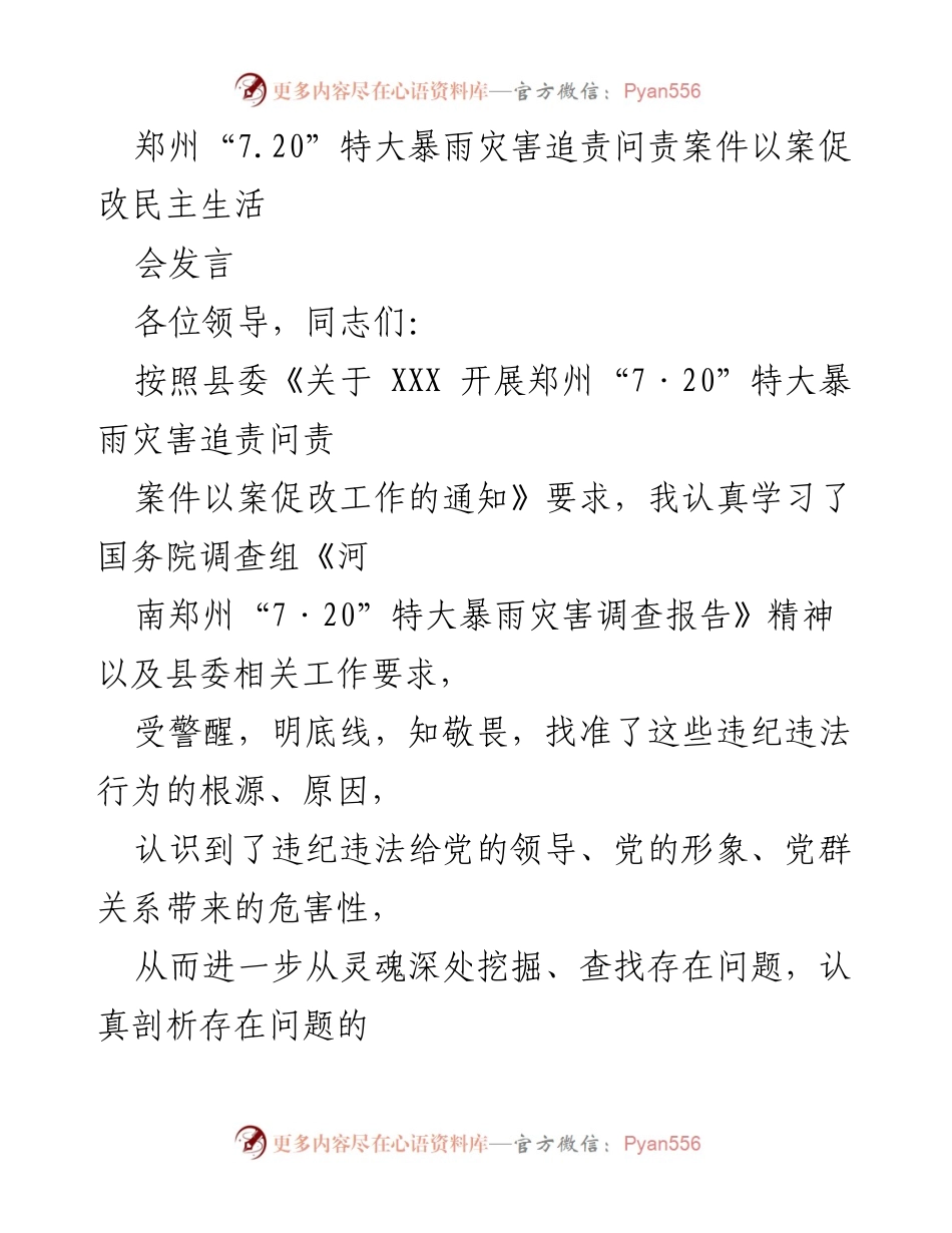 [发言] 郑州“7.20”特大暴雨灾害追责问责案件以案促改民主生活会 - 深刻反思与整改：郑州“7.20”特大暴雨灾害追责问责的教训与思考.docx_第1页