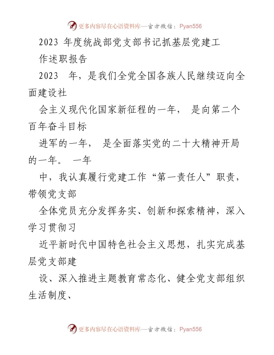 [发言] 统战部年度工作总结 - 2023年度统战部党支部书记抓基层党建工作述职报告.docx_第1页