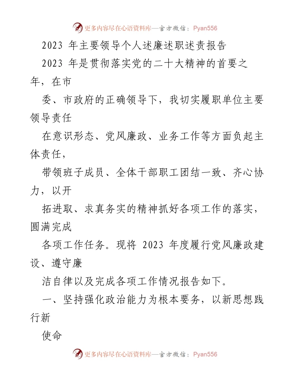 [发言] 述职会议 - 2023年主要领导履职述廉报告.docx_第1页