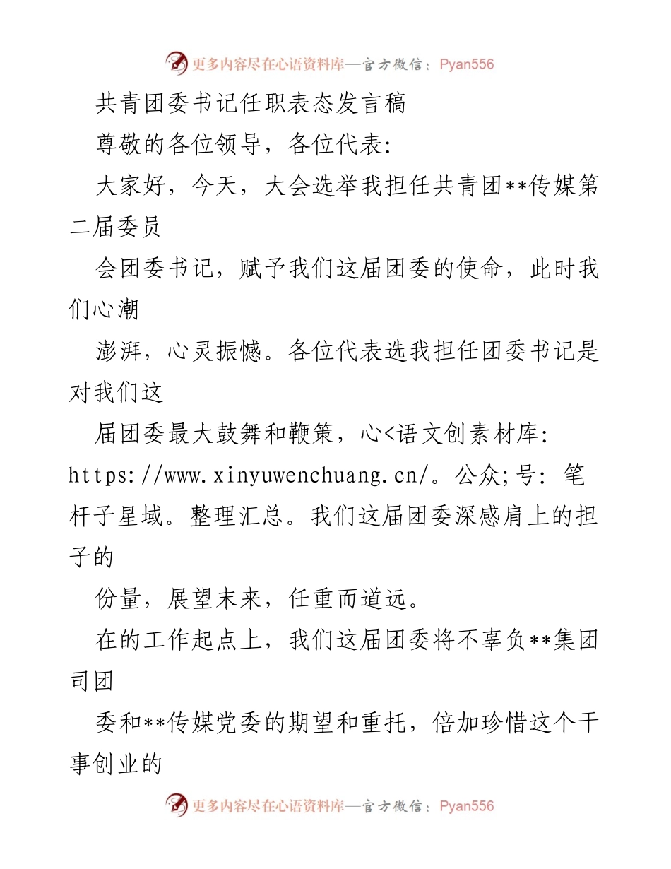 [发言] 选举大会 - 共青团委书记任职表态发言.docx_第1页