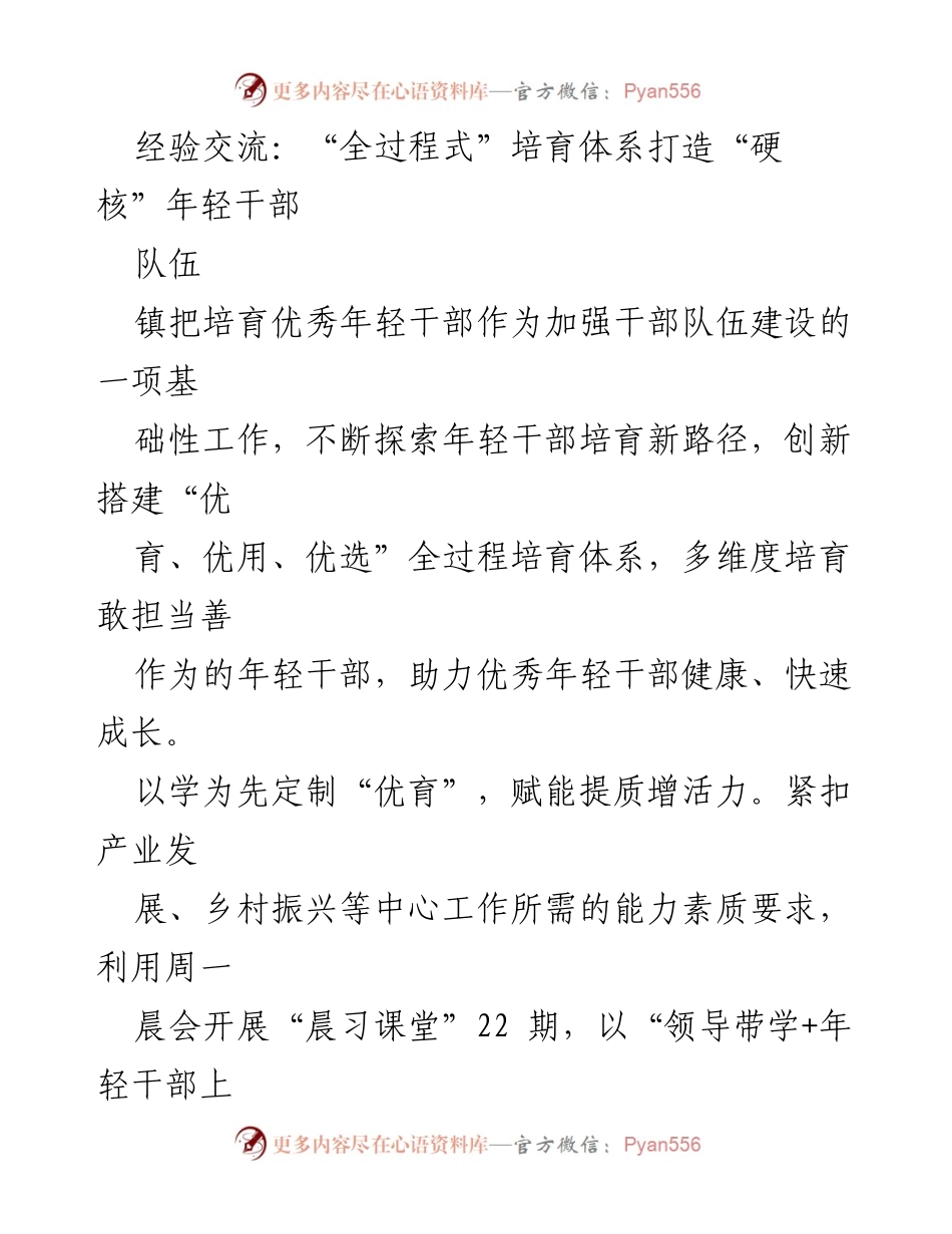 [发言] 经验交流会 - 打造“硬核”年轻干部的全过程培育体系.docx_第1页