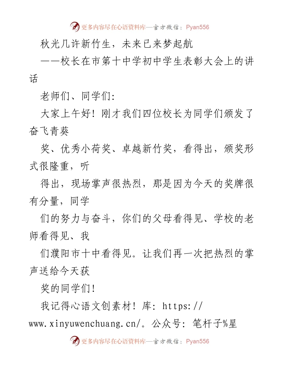 [发言] 表彰大会 - 校长对初中学生的期望与鼓励.docx_第1页