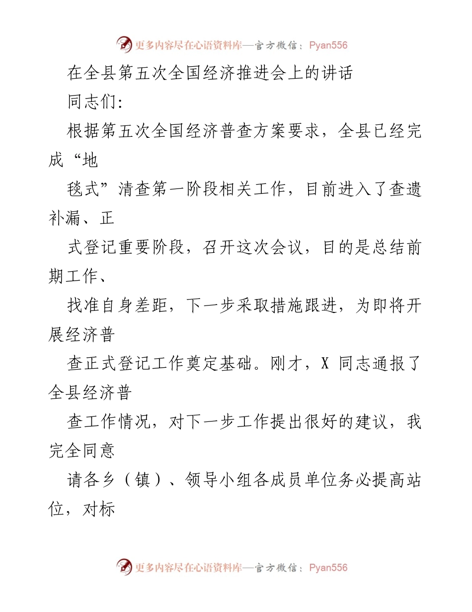 [发言] 经济推进会议 - 全县第五次全国经济普查工作推进讲话.docx_第1页