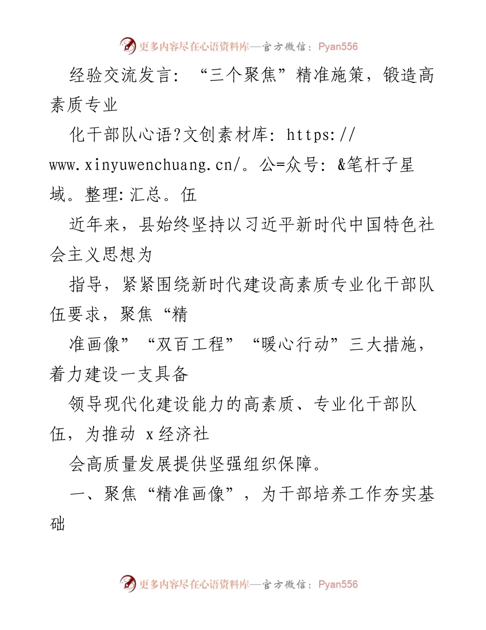 [发言] 经验交流 - “三个聚焦”精准施策，锻造高素质专业化干部队伍_1.docx_第1页