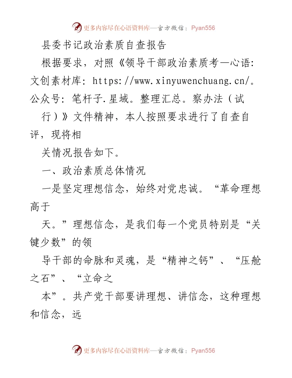[发言] 自查报告 - 县委书记政治素质自查报告.docx_第1页
