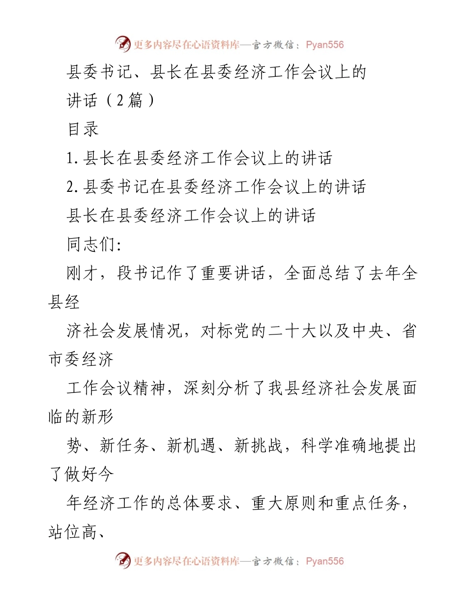 [发言] 经济工作会议 - 县委经济工作会议讲话总结.docx_第1页