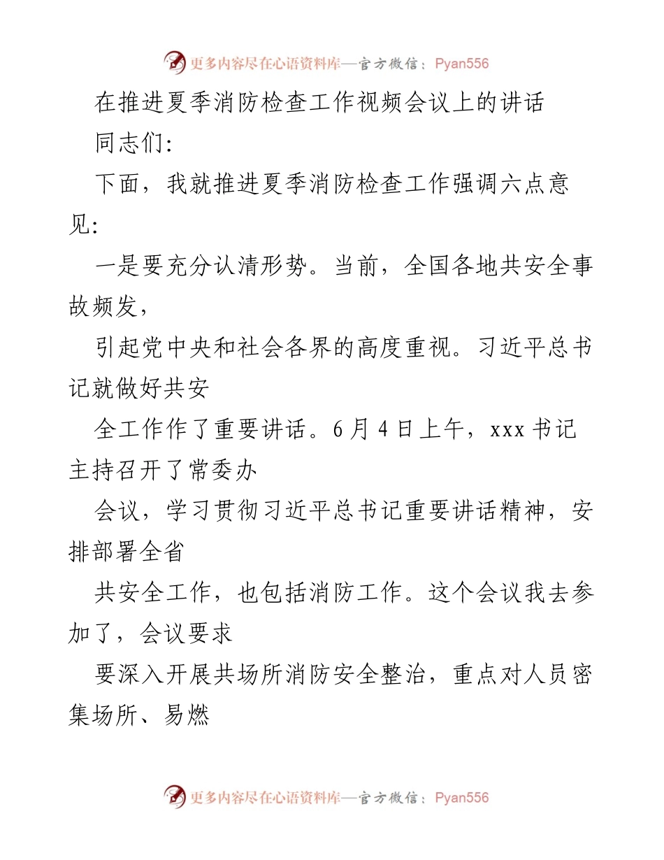 [发言] 视频会议 - 推进夏季消防检查工作的六点意见.docx_第1页