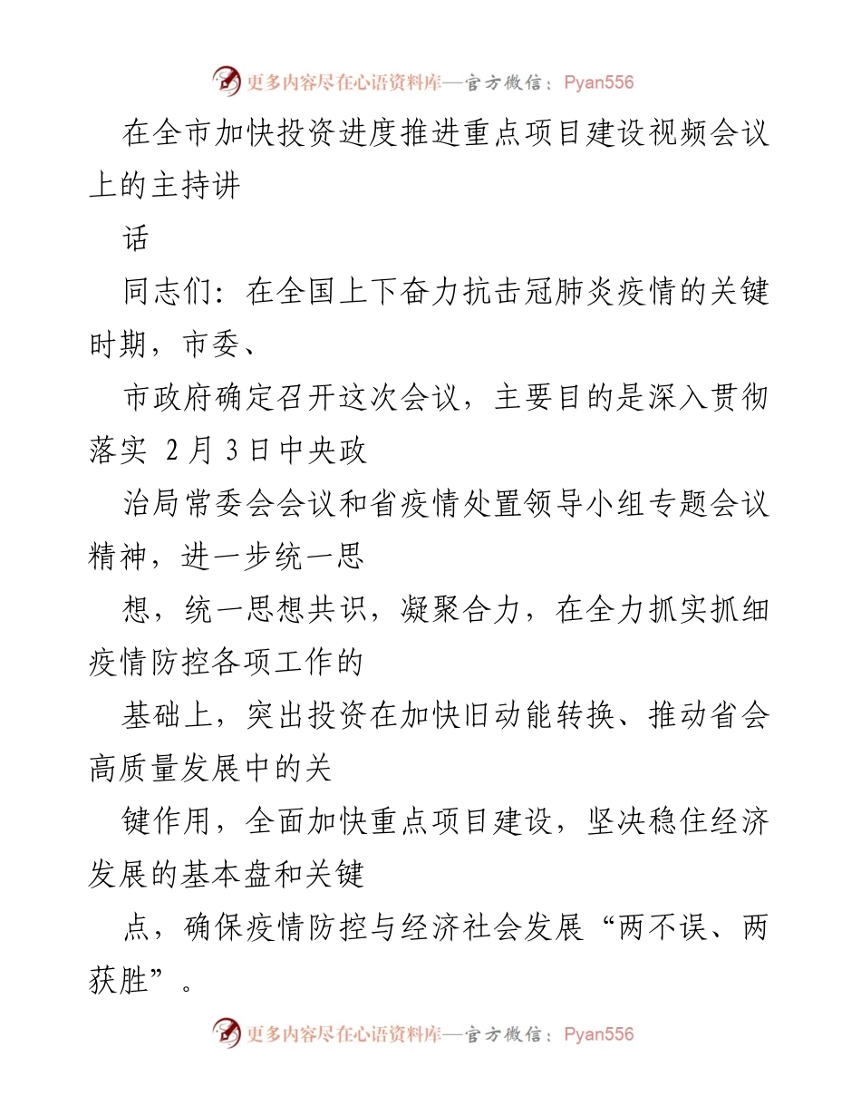 [发言] 视频会议 - 加快投资进度，推动重点项目建设的重要性与措施.docx_第1页