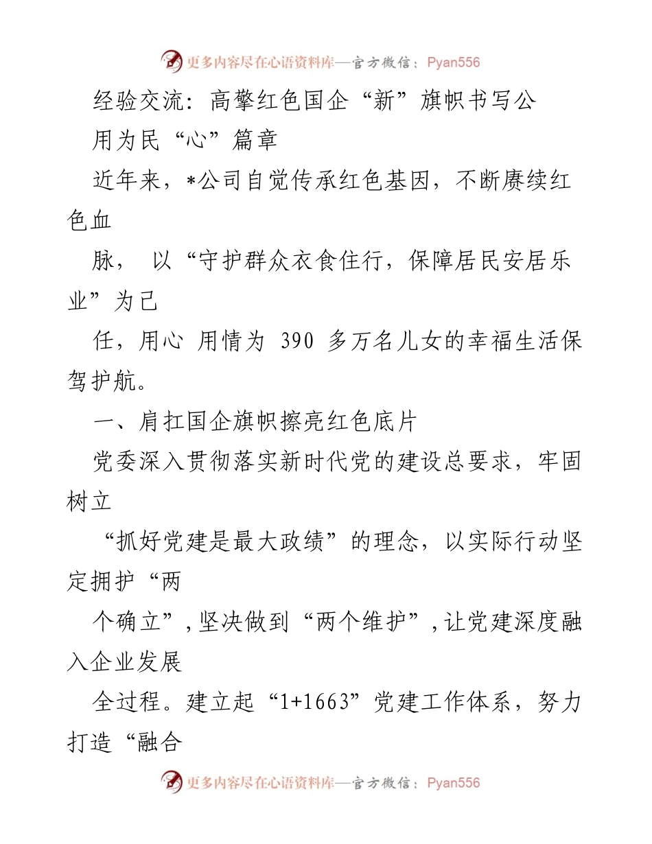 [发言] 经验交流会 - 高擎红色国企旗帜，服务民生的实践与探索.docx_第1页