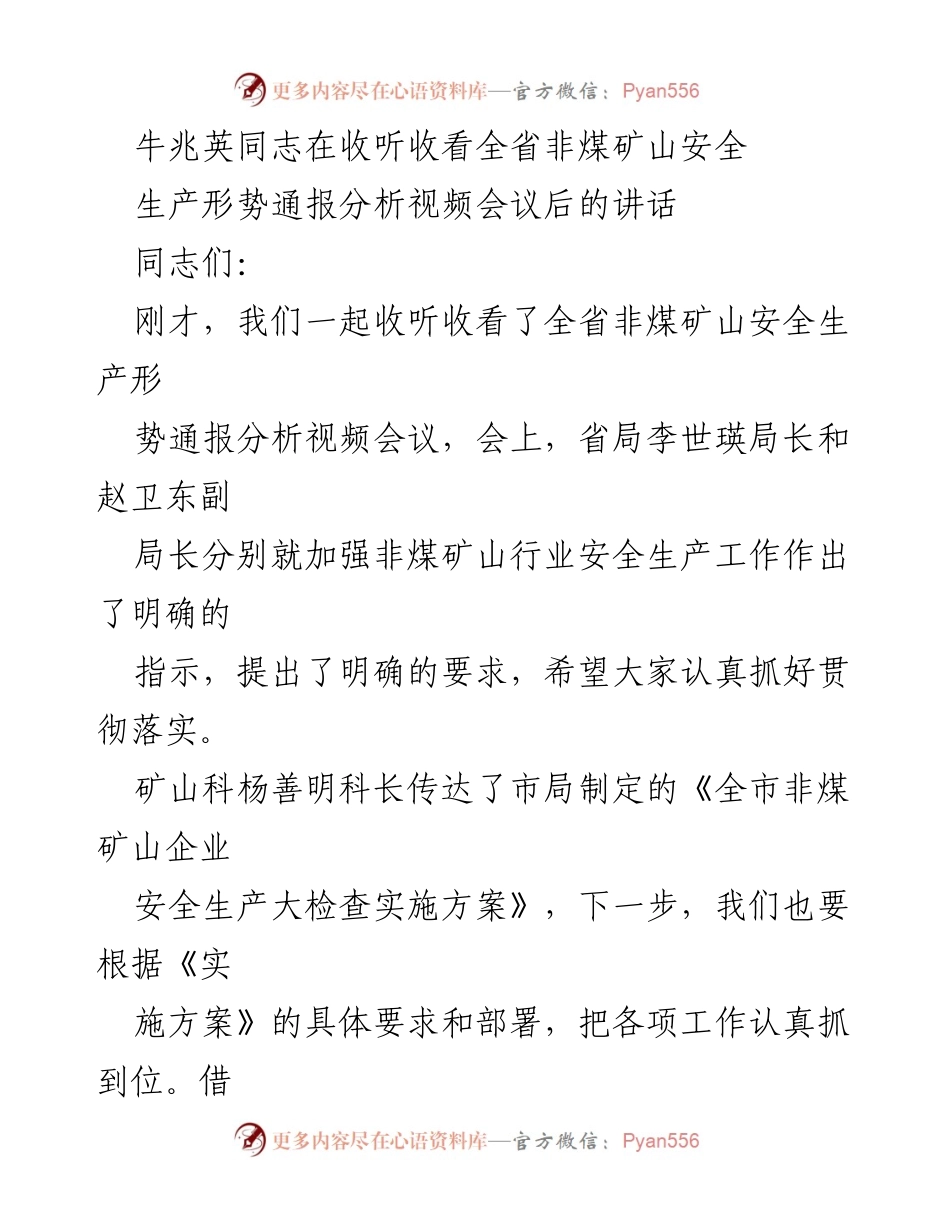 [发言] 视频会议 - 加强非煤矿山安全生产工作的重要讲话.docx_第1页