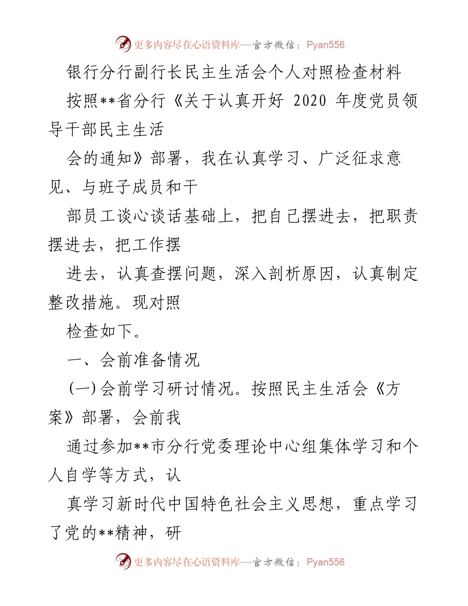 [发言] 银行分行副行长民主生活会 - 个人对照检查与整改措施总结.docx_第1页