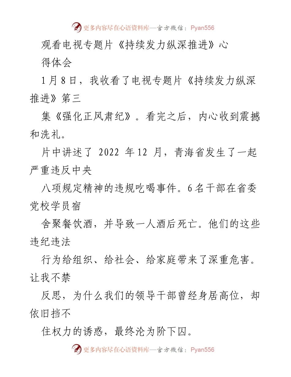 [发言] 观看专题片感悟 - 《从《持续发力纵深推进》看党员干部的理想信念与纪律意识》.docx_第1页