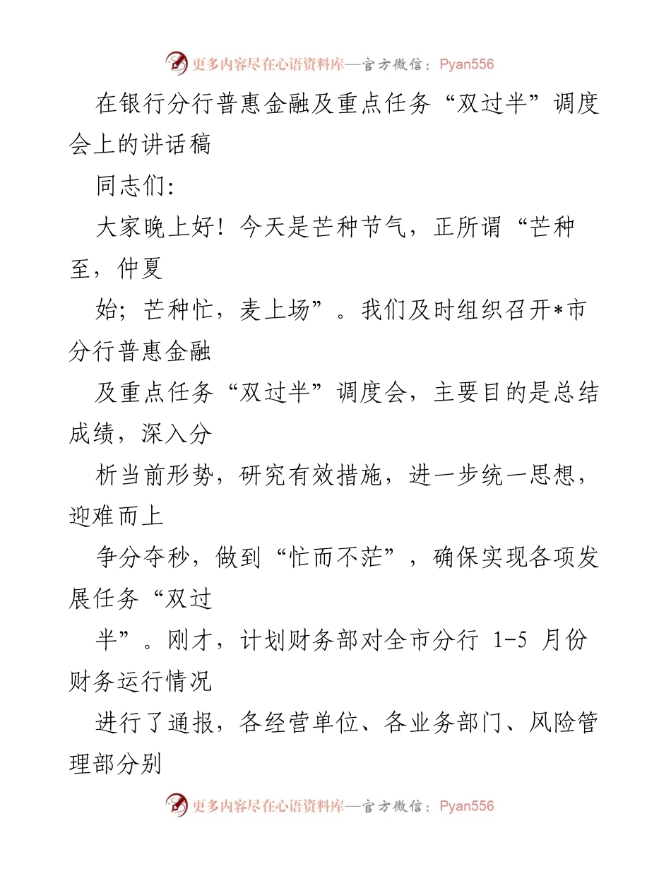 [发言] 调度会 - 强化普惠金融与重点任务“双过半”攻坚战的讲话.docx_第1页