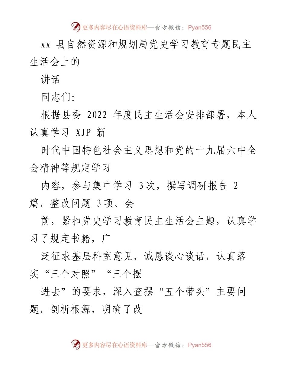 [发言] 自然资源和规划局党史学习教育专题民主生活会 - 深入查摆问题，坚定理想信念，推动党史学习教育走深走实.docx_第1页
