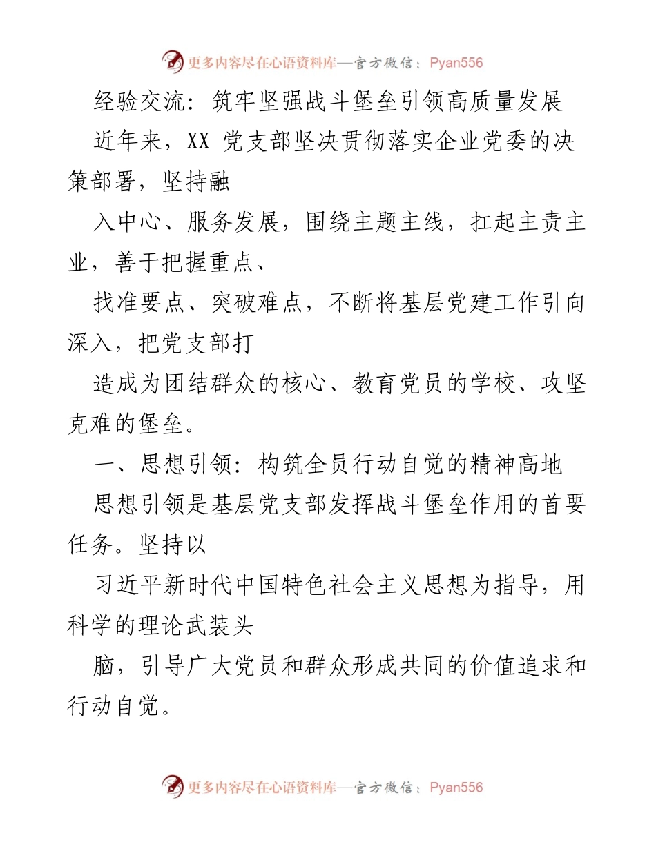 [发言] 经验交流会 - 筑牢战斗堡垒，推动高质量发展.docx_第1页