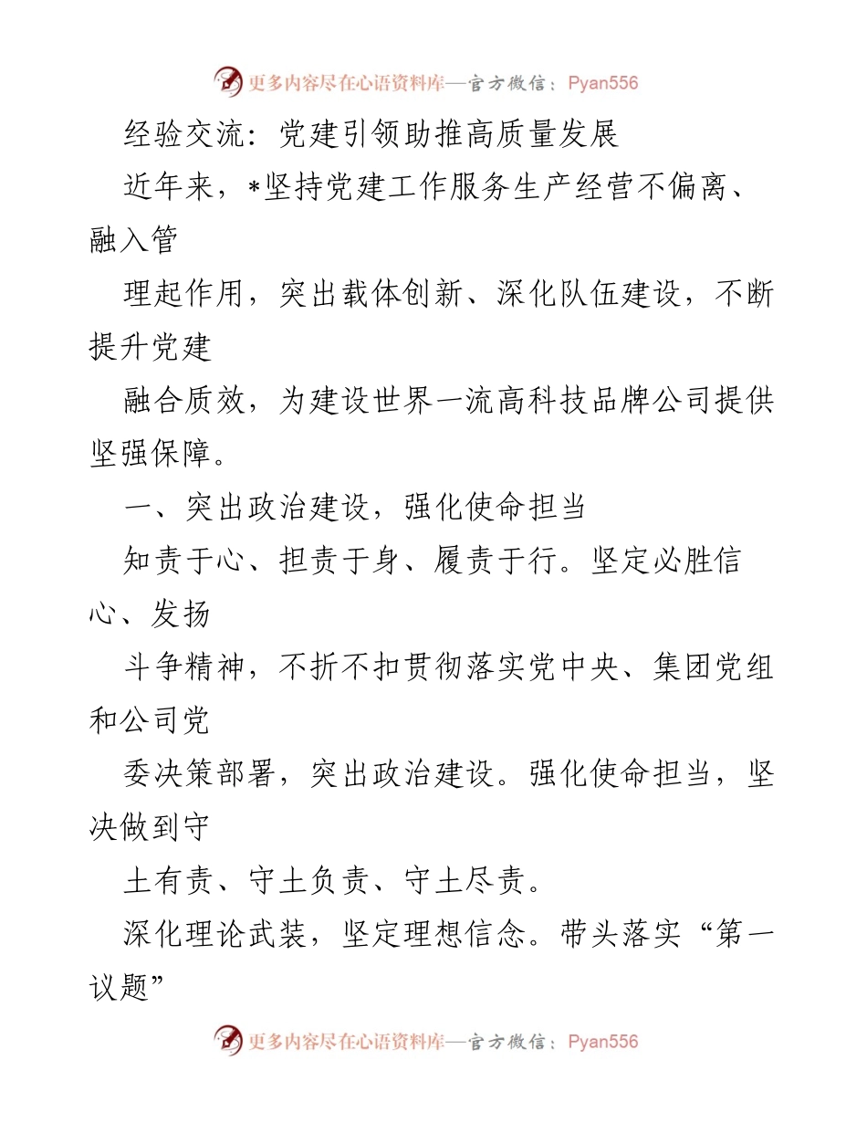 [发言] 经验交流会 - 党建引领高质量发展的实践与思考.docx_第1页