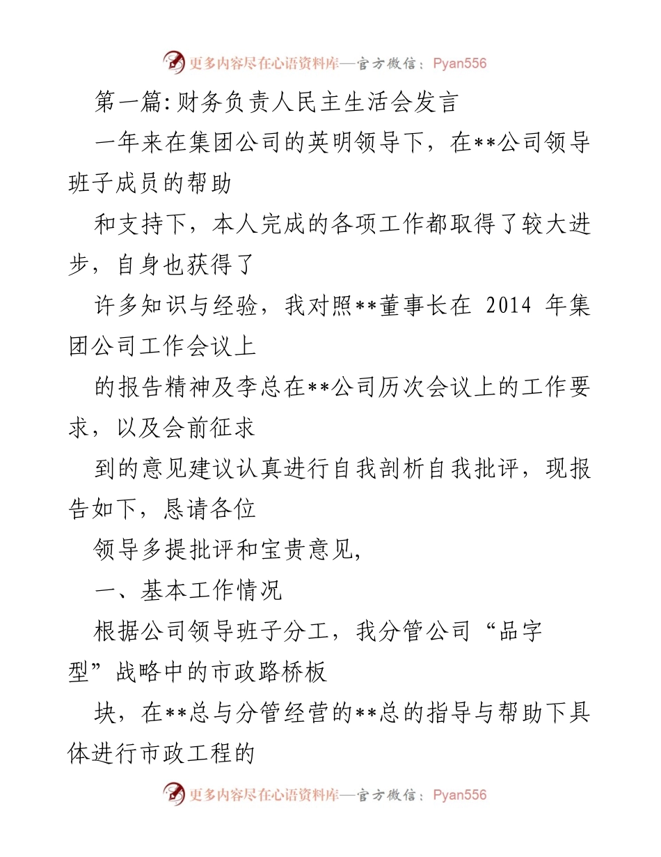 [发言] 财务负责人民主生活会 - 财务负责人年度工作总结与自我剖析.docx_第1页