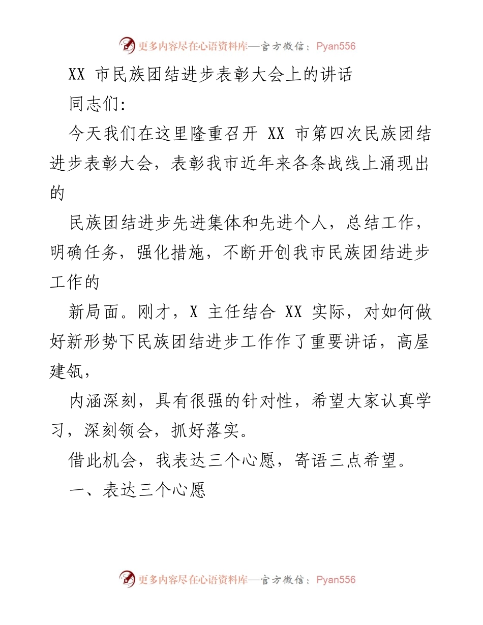 [发言] 表彰大会 - XX市民族团结进步表彰大会讲话要点.docx_第1页