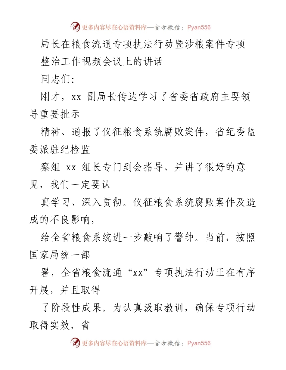 [发言] 视频会议 - 加强粮食流通专项执法行动的思想自觉与实效推动.docx_第1页
