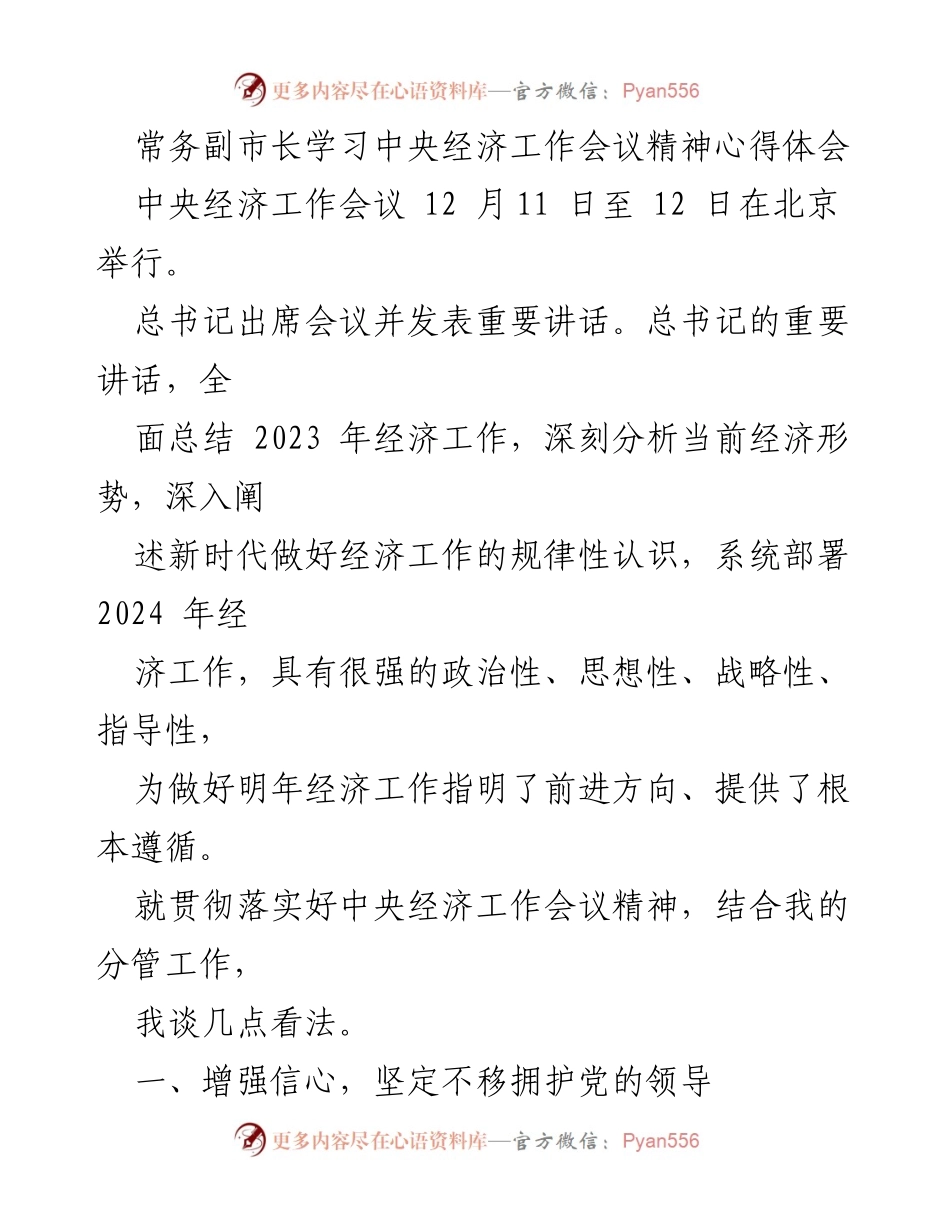 [发言] 经济工作会议 - 常务副市长关于中央经济工作会议精神的心得体会.docx_第1页
