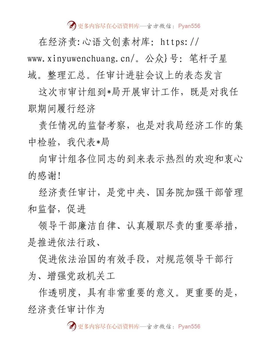 [发言] 经济责任审计进驻会议 - 欢迎审计组，积极配合经济责任审计工作.docx_第1页