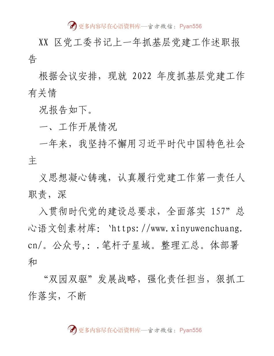 [发言] 述职会议 - XX区党工委书记2022年度基层党建工作述职报告.docx_第1页