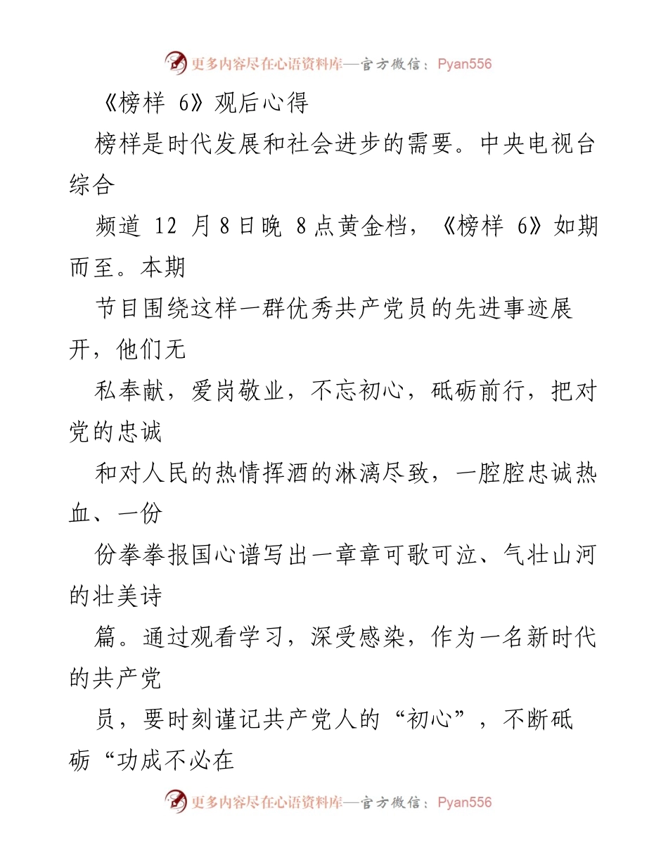 [发言] 观后感分享 - 《榜样 6》观后心得：坚定初心与责任担当的力量.docx_第1页