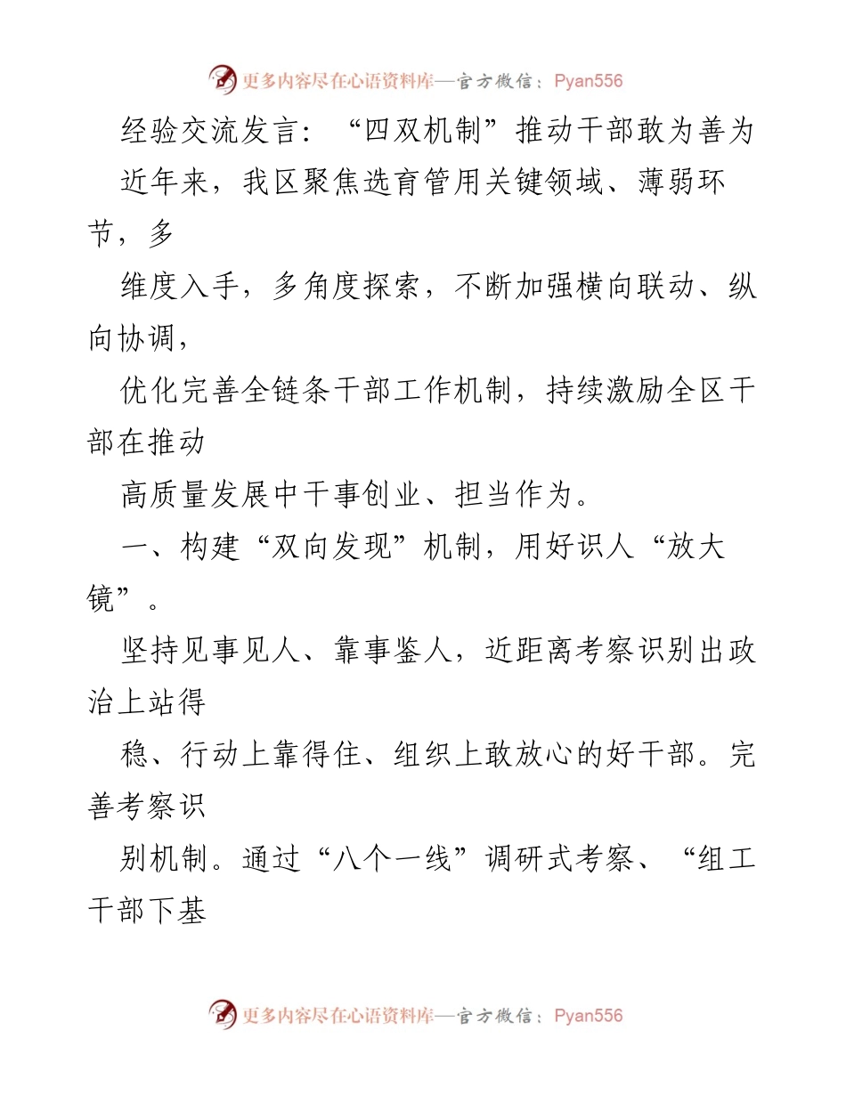 [发言] 经验交流会 - “四双机制”助力干部担当作为与高质量发展.docx_第1页