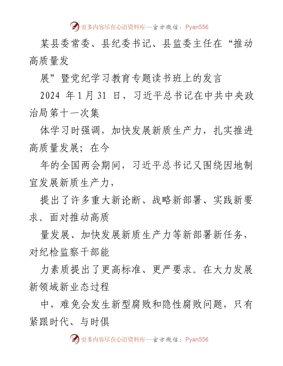 [发言] 读书班 - 正风肃纪，为推动高质量发展提供坚强纪律保障.docx_第1页