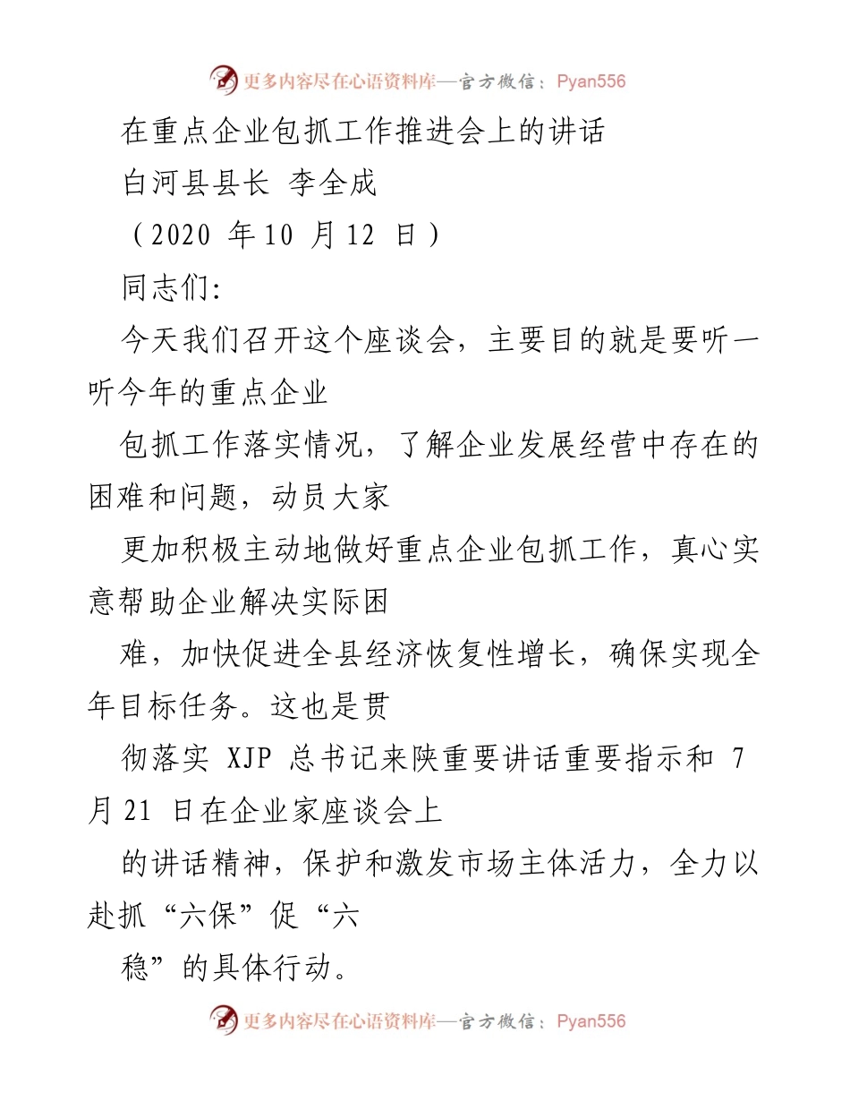 [发言] 重点企业包抓工作推进会 - 加强重点企业包抓工作，促进经济恢复性增长.docx_第1页