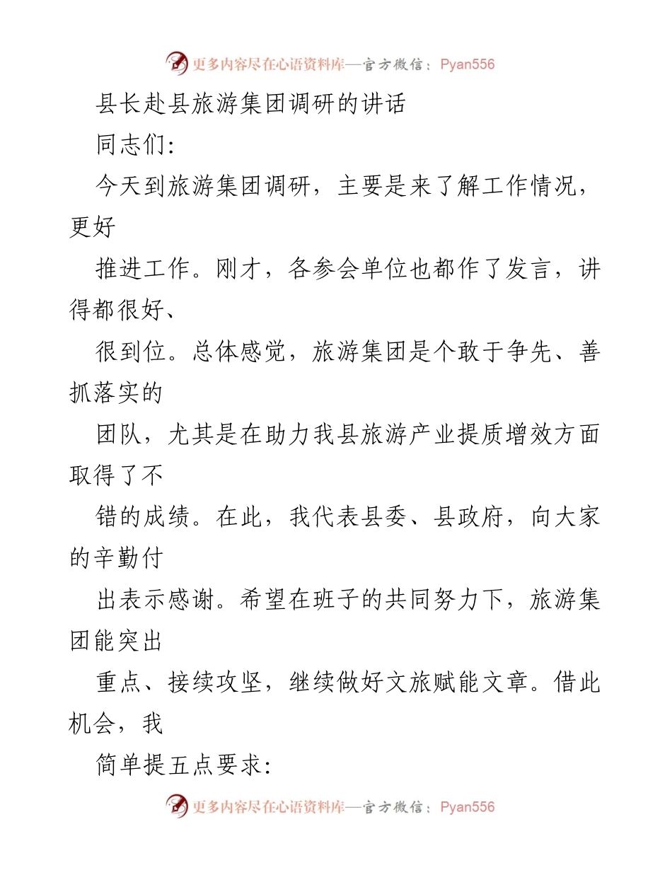 [发言] 调研会议 - 县长调研旅游集团工作讲话要点.docx_第1页