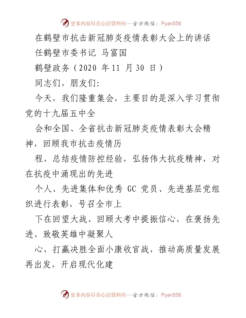 [发言] 表彰大会 - 鹤壁市抗击新冠肺炎疫情表彰大会讲话.docx_第1页