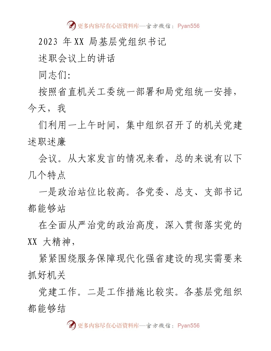[发言] 述职会议 - 2023年XX局基层党组织书记述职讲话总结.docx_第1页