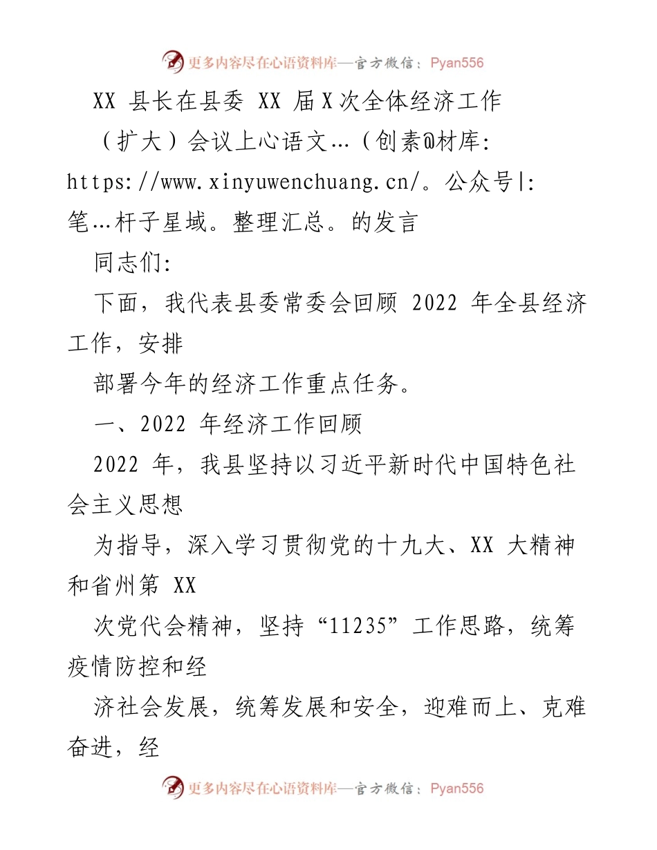 [发言] 经济工作会议 - XX 县长关于2022年经济工作的回顾与2023年重点任务部署.docx_第1页