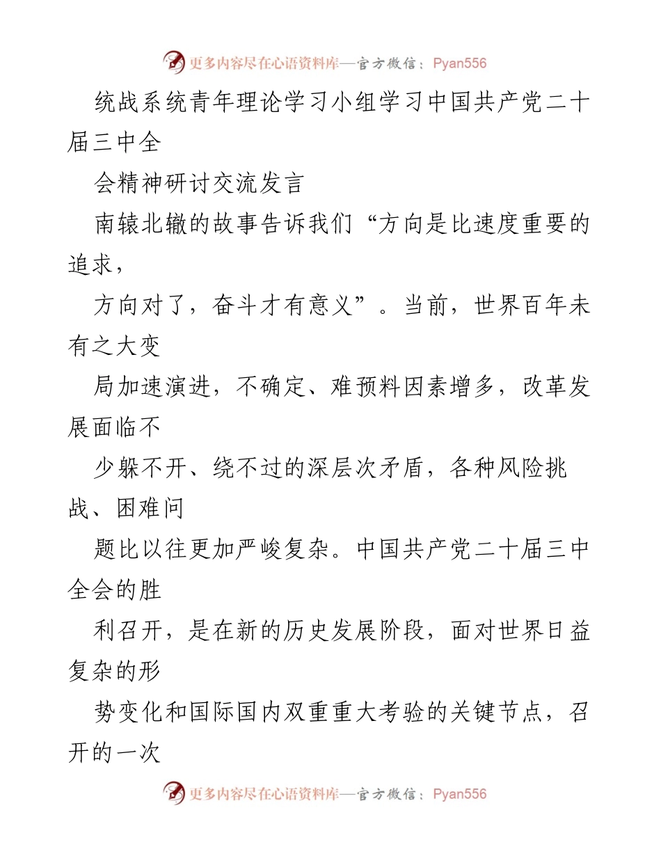 [发言] 统战系统青年理论学习小组 - 深刻理解二十大三中全会精神与全面深化改革的重要性.docx_第1页