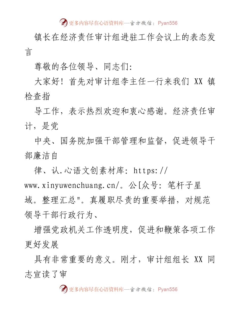 [发言] 经济责任审计工作会议 - 镇长表态发言：重视审计，协作配合，整改落实.docx_第1页