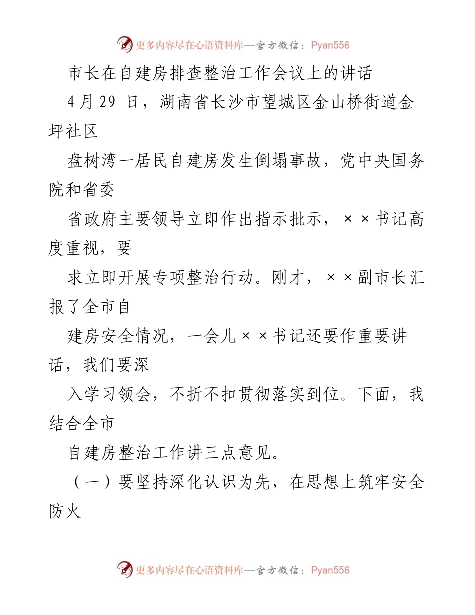 [发言] 自建房排查整治工作会议 - 市长讲话：强化自建房安全隐患排查与整治措施.docx_第1页