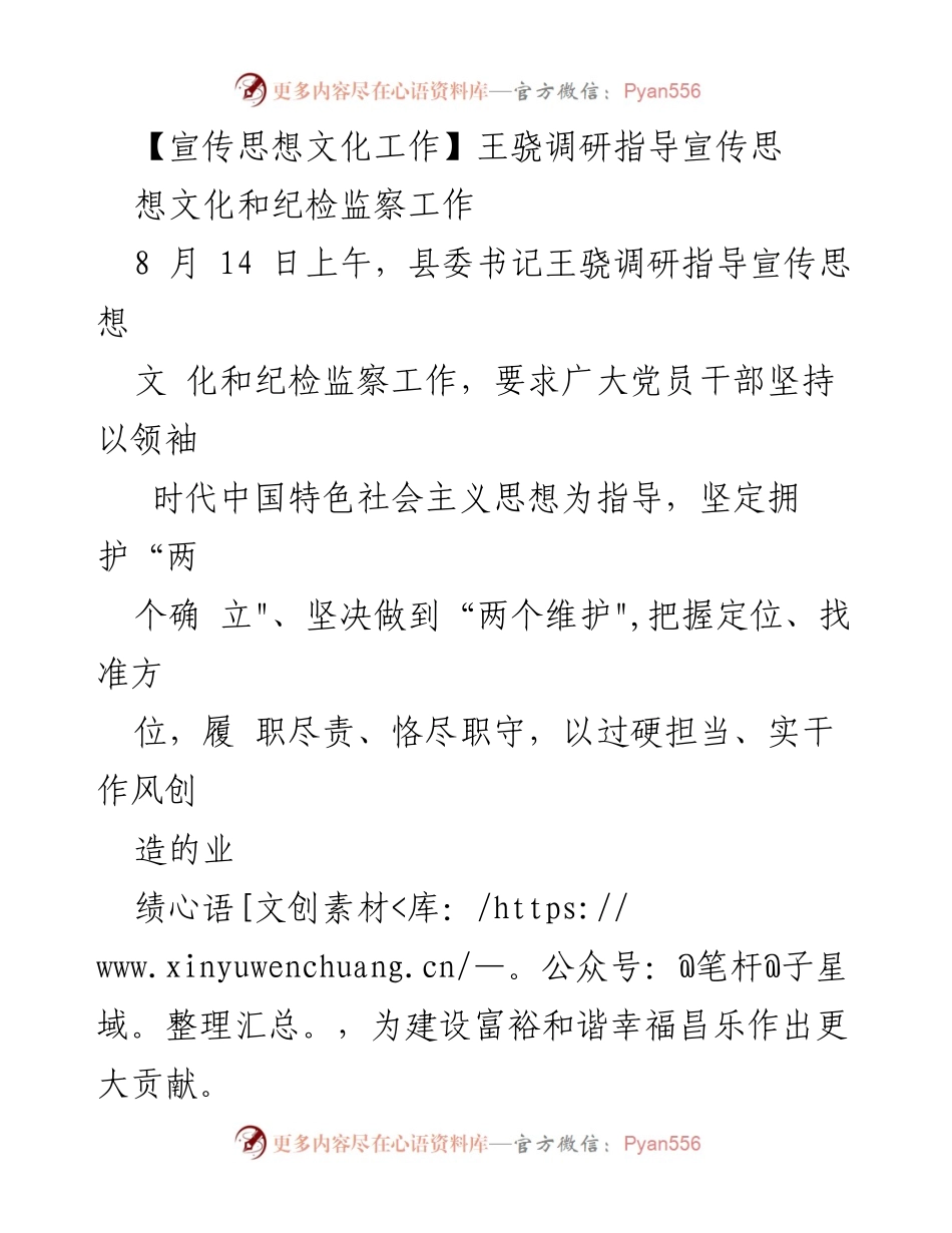 [发言] 调研指导 - 王骁强调宣传思想文化与纪检监察工作的重要性.docx_第1页