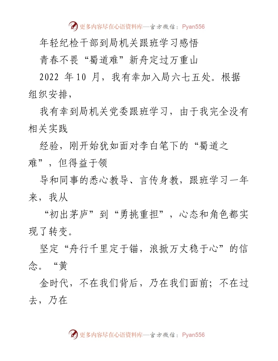 [发言] 跟班学习总结 - 青春不畏“蜀道难”，坚定理想信念走好新的“赶考路”.docx_第1页