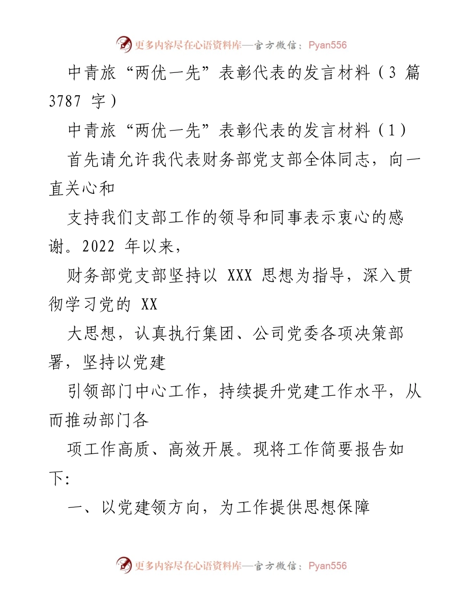 [发言] 表彰大会 - 中青旅财务部党支部表彰代表发言材料.docx_第1页