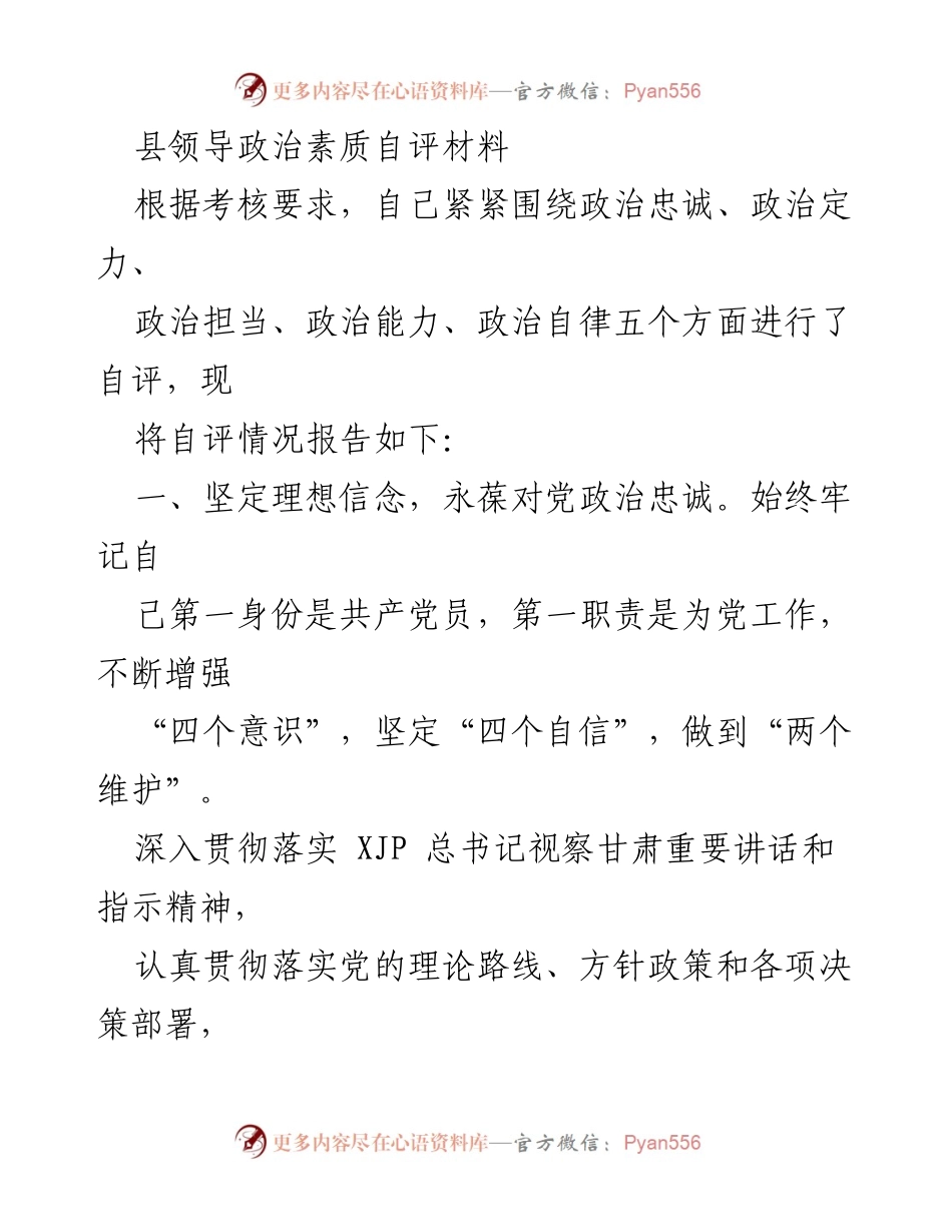[发言] 自我评估会议 - 县领导政治素质自评报告.docx_第1页