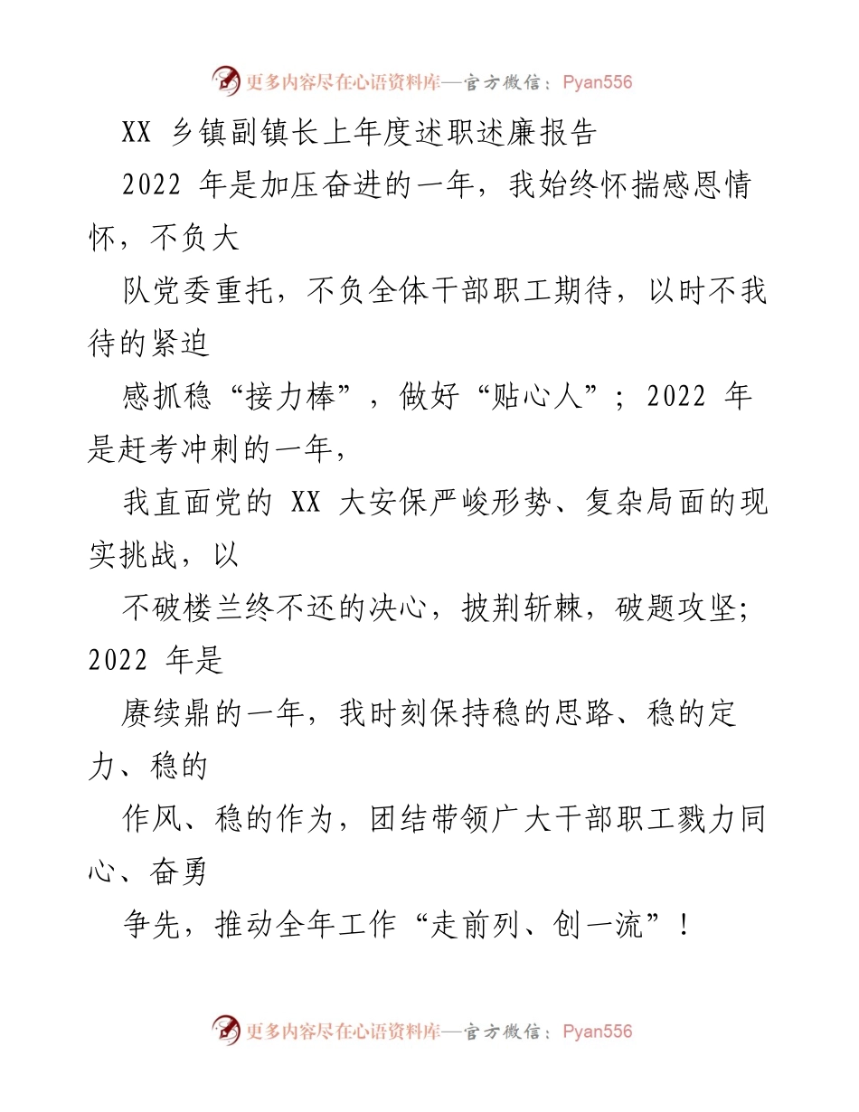 [发言] 述职报告 - XX乡镇副镇长2022年度述职述廉总结.docx_第1页