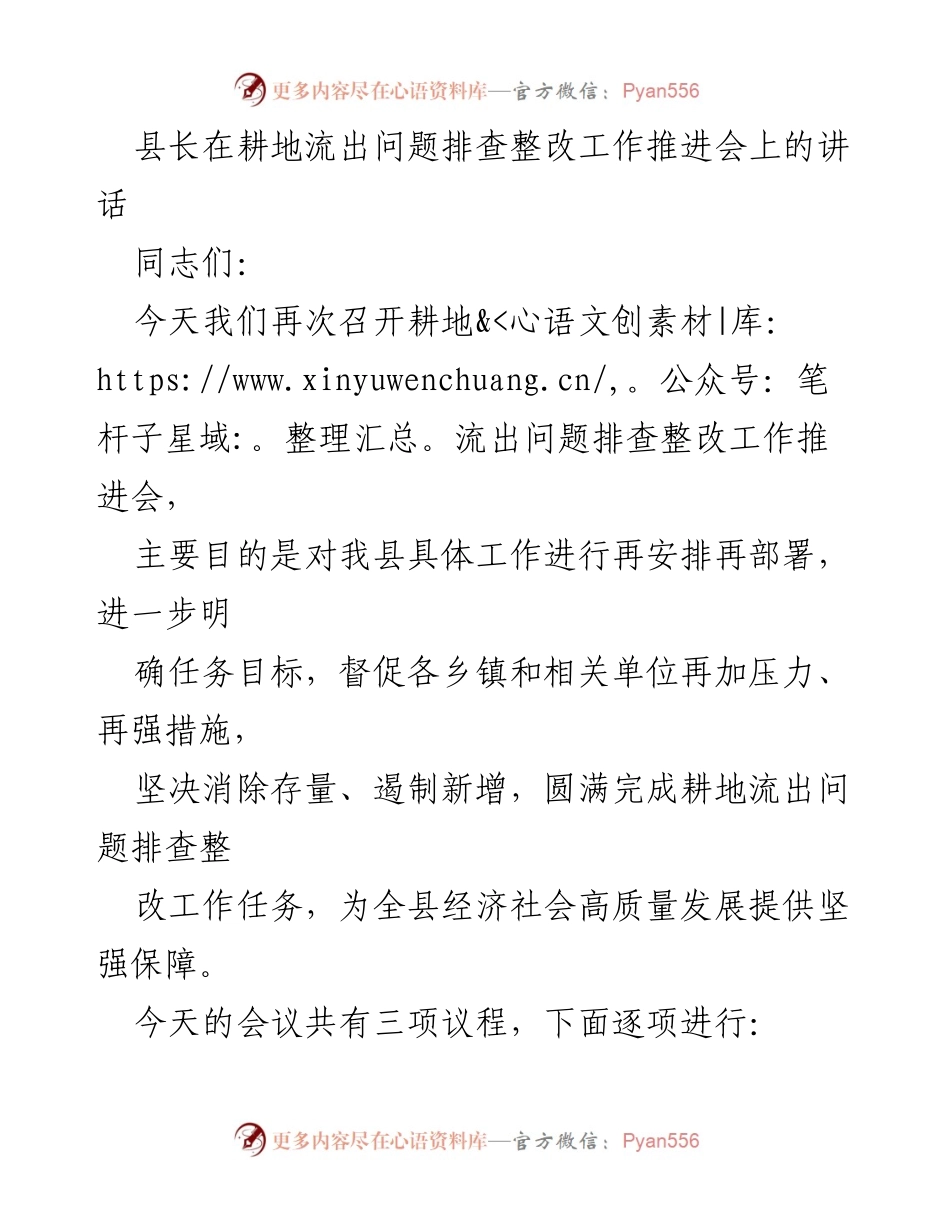 [发言] 耕地流出问题排查整改工作推进会 - 县长讲话：加强耕地流出问题整改，确保高质量发展.docx_第1页