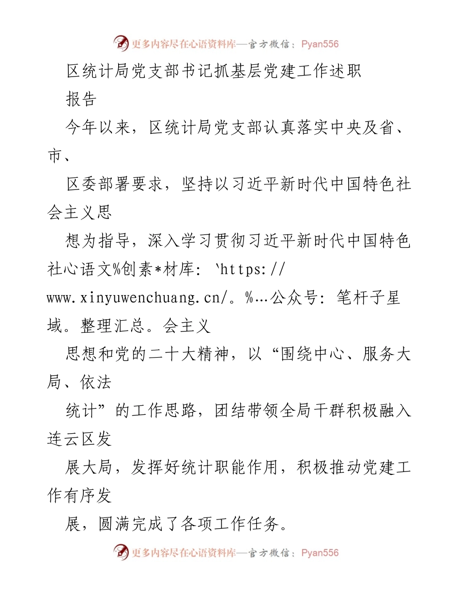 [发言] 述职会议 - 区统计局党支部书记党建工作述职报告.docx_第1页