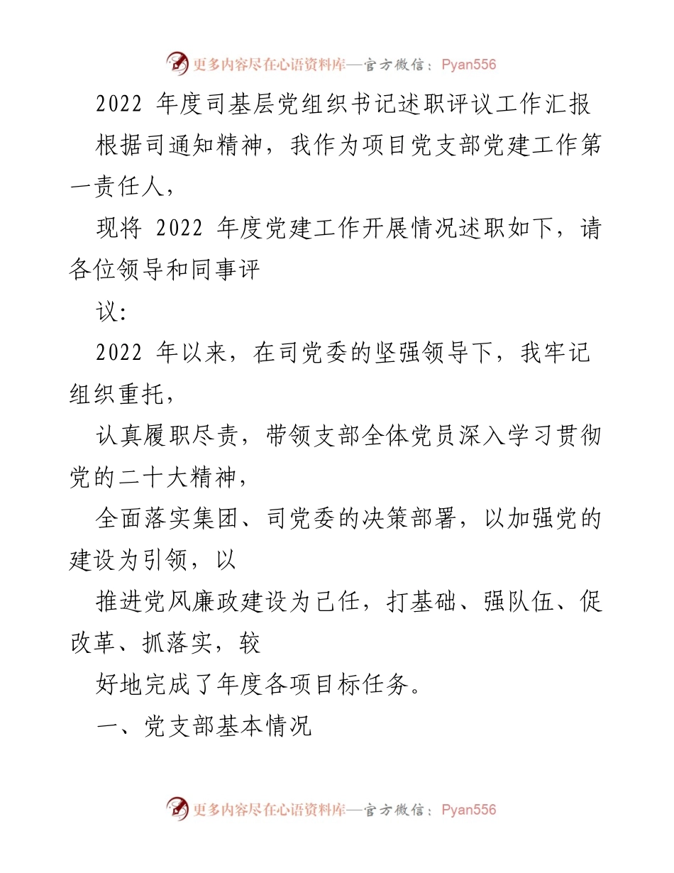 [发言] 述职评议 - 2022年度基层党组织书记述职工作汇报.docx_第1页