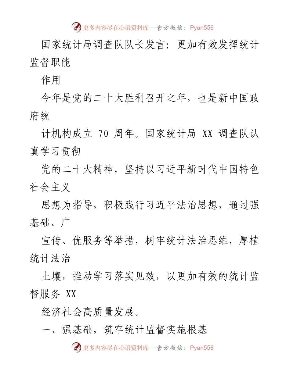[发言] 统计工作会议 - 加强统计监督，服务经济高质量发展.docx_第1页
