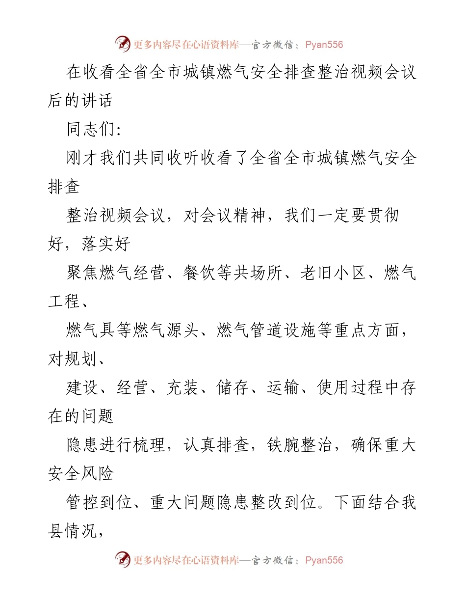 [发言] 视频会议 - 确保城镇燃气安全的工作部署与措施.docx_第1页